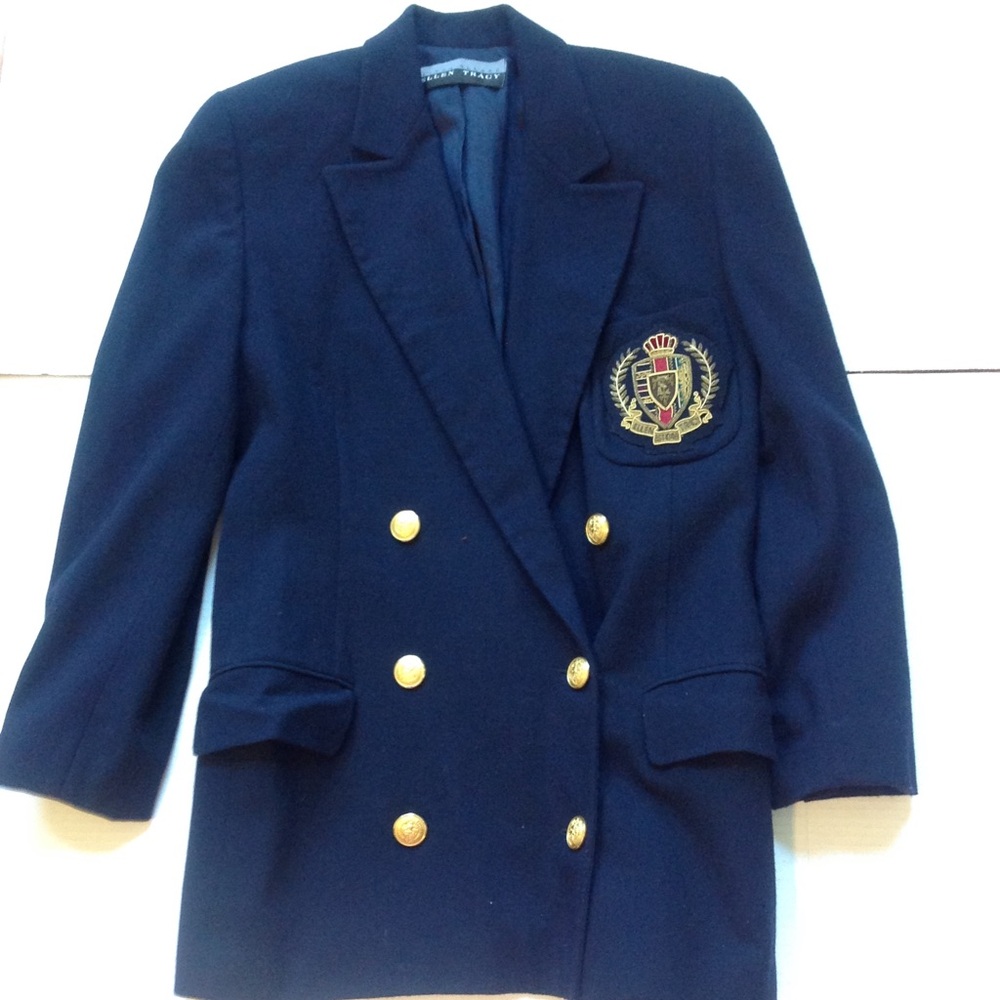 Vintage Ellen Tracy Blue Wool Crest Double Blazer